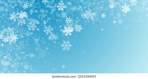 Random falling snowflakes backdrop. Winter fleck freeze granules. Snowfall weather white teal blue composition. Filigree snowflakes christmas vector. Snow nature scenery.