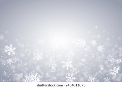 Random falling snowflakes background. Snowstorm speck frozen shapes. Snowfall sky white gray composition. Mess snowflakes february vector. Snow cold season landscape.