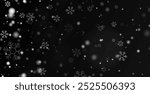 Random falling snowflakes wallpaper. Snowfall dust freeze granules. Snowfall sky white teal blue background. Lots of snowflakes february vector. 