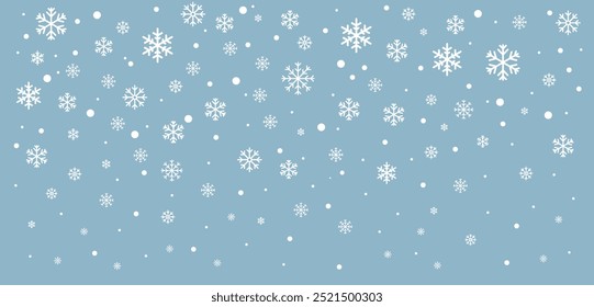 Random falling snowflakes wallpaper. Snowfall dust freeze granules. Snowfall sky white teal blue background. Lots of snowflakes february vector. 