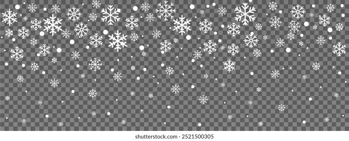 Random falling snowflakes wallpaper. Snowfall dust freeze granules. Snowfall sky white teal blue background. Lots of snowflakes february vector. 