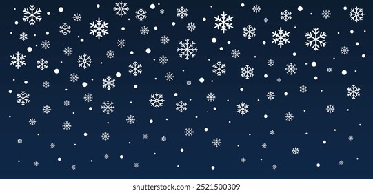 Random falling snowflakes wallpaper. Snowfall dust freeze granules. Snowfall sky white teal blue background. Lots of snowflakes february vector. 