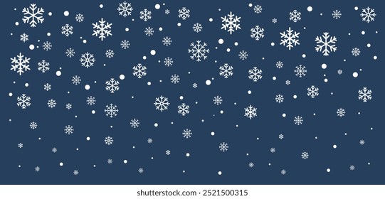 Random falling snowflakes wallpaper. Snowfall dust freeze granules. Snowfall sky white teal blue background. Lots of snowflakes february vector. 