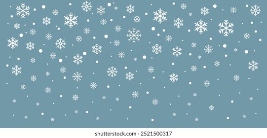Random falling snowflakes wallpaper. Snowfall dust freeze granules. Snowfall sky white teal blue background. Lots of snowflakes february vector. 
