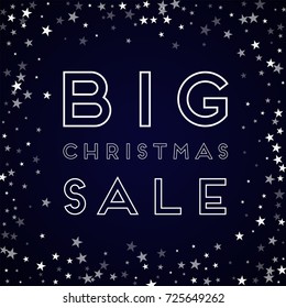 Random falling stars Big Christmas Sale greeting card on deep blue background. Splendid vector illustration.