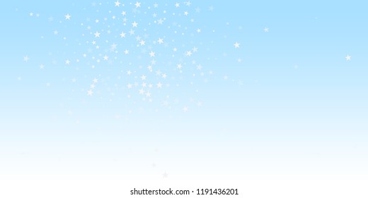Random falling stars Christmas background. Subtle flying snow flakes and stars on winter sky background. Attractive winter silver snowflake overlay template. Admirable vector illustration.