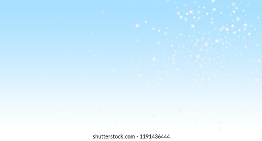 Random falling stars Christmas background. Subtle flying snow flakes and stars on winter sky background. Artistic winter silver snowflake overlay template. Gorgeous vector illustration.