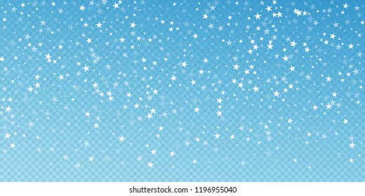 Random falling stars Christmas background. Subtle flying snow flakes and stars on blue transparent background. Beauteous winter silver snowflake overlay template. Splendid vector illustration.