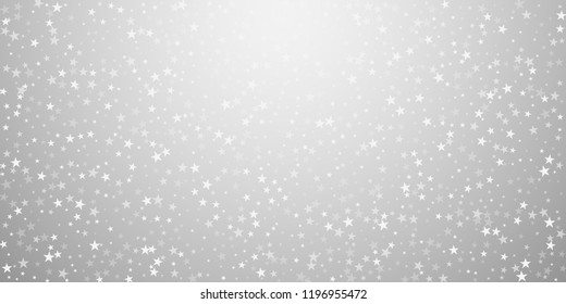 Random falling stars Christmas background. Subtle flying snow flakes and stars on light grey background. Beautiful winter silver snowflake overlay template. Gorgeous vector illustration.