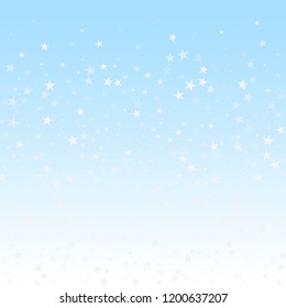 Random falling stars Christmas background. Subtle flying snow flakes and stars on winter sky background. Awesome winter silver snowflake overlay template. Posh vector illustration.