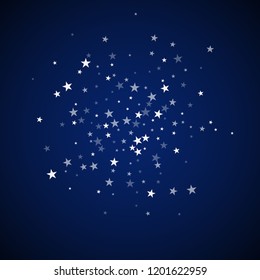Random falling stars Christmas background. Subtle flying snow flakes and stars on dark blue night background. Actual winter silver snowflake overlay template. Graceful vector illustration.