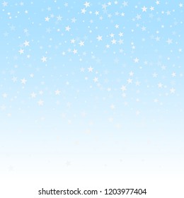 Random falling stars Christmas background. Subtle flying snow flakes and stars on winter sky background. Alluring winter silver snowflake overlay template. Amazing vector illustration.