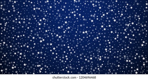 Random falling stars Christmas background. Subtle flying snow flakes and stars on dark blue night background. Beautiful winter silver snowflake overlay template. Good-looking vector illustration.