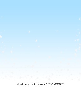 Random falling stars Christmas background. Subtle flying snow flakes and stars on winter sky background. Authentic winter silver snowflake overlay template. Symmetrical vector illustration.
