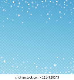 Random falling stars Christmas background. Subtle flying snow flakes and stars on blue transparent background. Adorable winter silver snowflake overlay template. Fabulous vector illustration.