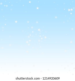Random falling stars Christmas background. Subtle flying snow flakes and stars on winter sky background. Authentic winter silver snowflake overlay template. Favorable vector illustration.