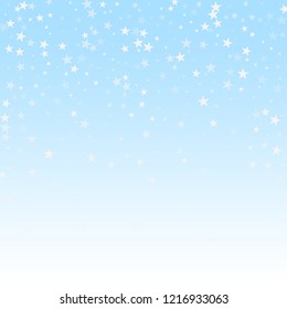 Random falling stars Christmas background. Subtle flying snow flakes and stars on winter sky background. Bizarre winter silver snowflake overlay template. Cool vector illustration.