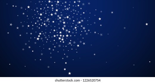Random falling stars Christmas background. Subtle flying snow flakes and stars on dark blue night background. Astonishing winter silver snowflake overlay template. Worthy vector illustration.
