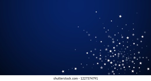 Random falling stars Christmas background. Subtle flying snow flakes and stars on dark blue night background. Artistic winter silver snowflake overlay template. Sublime vector illustration.