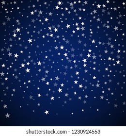 Random falling stars Christmas background. Subtle flying snow flakes and stars on dark blue night background. Alluring winter silver snowflake overlay template. Adorable vector illustration.