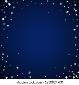 Random falling stars Christmas background. Subtle flying snow flakes and stars on dark blue night background. Amusing winter silver snowflake overlay template. Imaginative vector illustration.