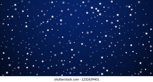 Random falling stars Christmas background. Subtle flying snow flakes and stars on dark blue night background. Awesome winter silver snowflake overlay template. Amusing vector illustration.