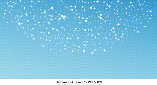 Random falling stars Christmas background. Subtle flying snow flakes and stars on blue transparent background. Beautiful winter silver snowflake overlay template. Lovely vector illustration.