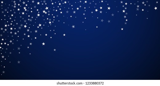 Random falling stars Christmas background. Subtle flying snow flakes and stars on dark blue night background. Authentic winter silver snowflake overlay template. Ravishing vector illustration.