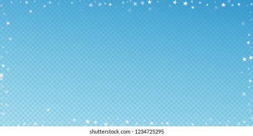 Random falling stars Christmas background. Subtle flying snow flakes and stars on blue transparent background. Awesome winter silver snowflake overlay template. Vibrant vector illustration.