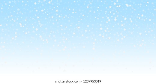 Random falling stars Christmas background. Subtle flying snow flakes and stars on winter sky background. Beauteous winter silver snowflake overlay template. Sublime vector illustration.