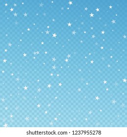 Random falling stars Christmas background. Subtle flying snow flakes and stars on blue transparent background. Alive winter silver snowflake overlay template. Amazing vector illustration.