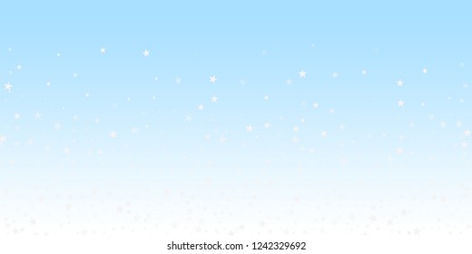 Random falling stars Christmas background. Subtle flying snow flakes and stars on winter sky background. Authentic winter silver snowflake overlay template. Exceptional vector illustration.