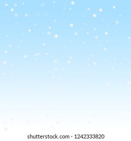 Random falling stars Christmas background. Subtle flying snow flakes and stars on winter sky background. Awesome winter silver snowflake overlay template. Enchanting vector illustration.