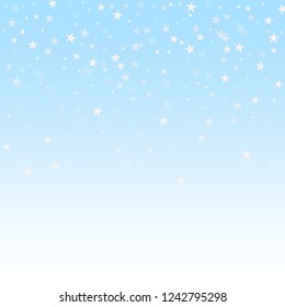 Random falling stars Christmas background. Subtle flying snow flakes and stars on winter sky background. Alive winter silver snowflake overlay template. Outstanding vector illustration.