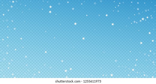Random falling stars Christmas background. Subtle flying snow flakes and stars on blue transparent background. Beautiful winter silver snowflake overlay template. Shapely vector illustration.