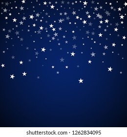 Random falling stars Christmas background. Subtle flying snow flakes and stars on dark blue night background. Alive winter silver snowflake overlay template. Optimal vector illustration.