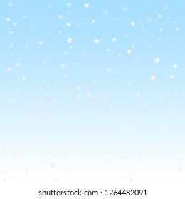 Random falling stars Christmas background. Subtle flying snow flakes and stars on winter sky background. Awesome winter silver snowflake overlay template. Fine vector illustration.