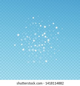 Random falling stars Christmas background. Subtle flying snow flakes and stars on blue transparent background. Beauteous winter silver snowflake overlay template. Grand vector illustration.