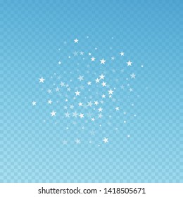 Random falling stars Christmas background. Subtle flying snow flakes and stars on blue transparent background. Beauteous winter silver snowflake overlay template. Grand vector illustration.
