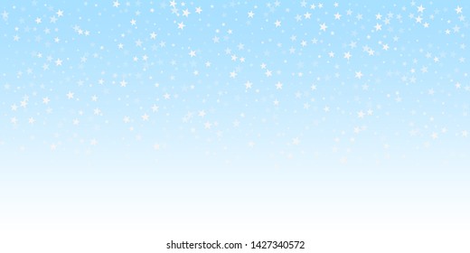 Random falling stars Christmas background. Subtle flying snow flakes and stars on winter sky background. Beauteous winter silver snowflake overlay template. Creative vector illustration.