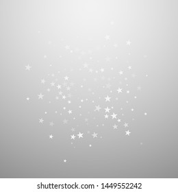 Random falling stars Christmas background. Subtle flying snow flakes and stars on light grey background. Bewitching winter silver snowflake overlay template. Marvelous vector illustration.