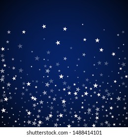 Random falling stars Christmas background. Subtle flying snow flakes and stars on dark blue night background. Adorable winter silver snowflake overlay template. Astonishing vector illustration.