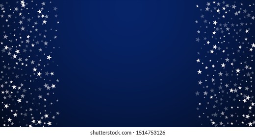 Random falling stars Christmas background. Subtle flying snow flakes and stars on dark blue night background. Appealing winter silver snowflake overlay template. Divine vector illustration.