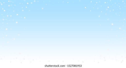 Random falling stars Christmas background. Subtle flying snow flakes and stars on winter sky background. Bewitching winter silver snowflake overlay template. Stylish vector illustration.