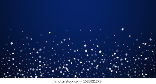Random falling stars Christmas background. Subtle flying snow flakes and stars on dark blue night background. Beautiful winter silver snowflake overlay template. Alluring vector illustration.