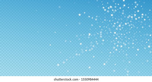 Random falling stars Christmas background. Subtle flying snow flakes and stars on blue transparent background. Artistic winter silver snowflake overlay template. Fresh vector illustration.
