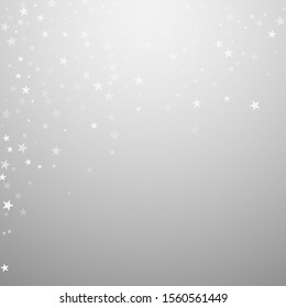 Random falling stars Christmas background. Subtle flying snow flakes and stars on light grey background. Adorable winter silver snowflake overlay template. Overwhelming vector illustration.