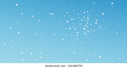 Random falling stars Christmas background. Subtle flying snow flakes and stars on blue transparent background. Astonishing winter silver snowflake overlay template. Elegant vector illustration.