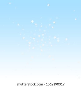 Random falling stars Christmas background. Subtle flying snow flakes and stars on winter sky background. Authentic winter silver snowflake overlay template. Popular vector illustration.