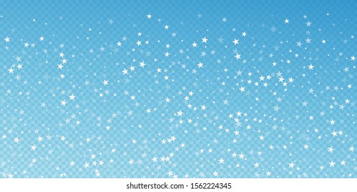 Random falling stars Christmas background. Subtle flying snow flakes and stars on blue transparent background. Beautiful winter silver snowflake overlay template. Cool vector illustration.